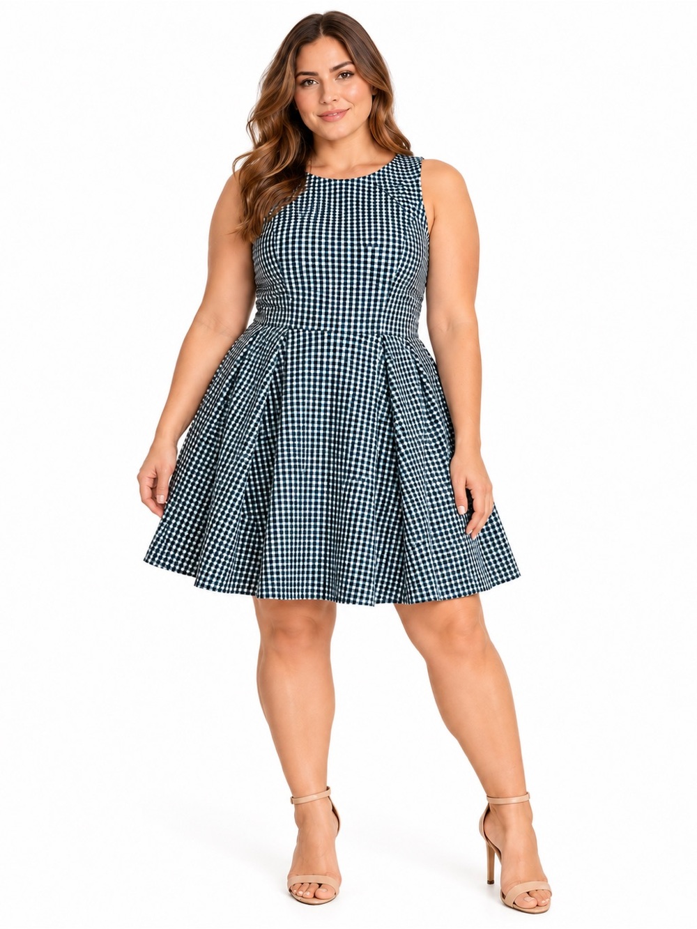 Gabby Skye Navy and White Gingham Fit & Flare Dress